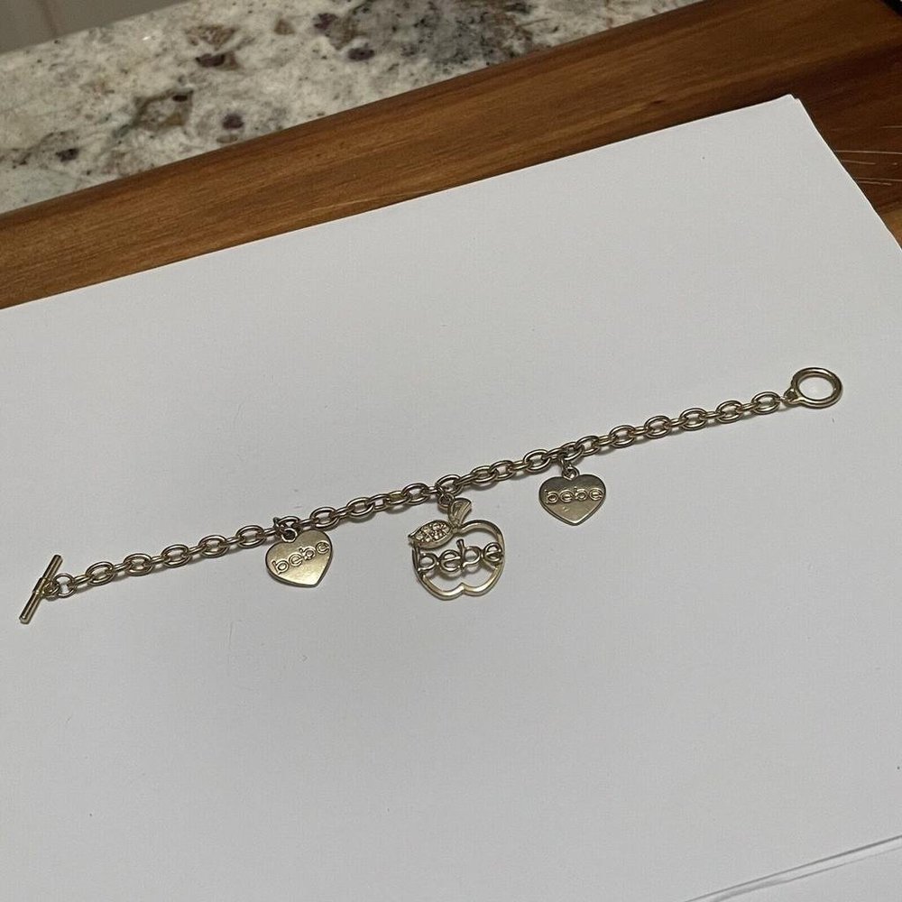 Signed Bebe Charm Bracelet Gold Tone Apple / Heart Charms